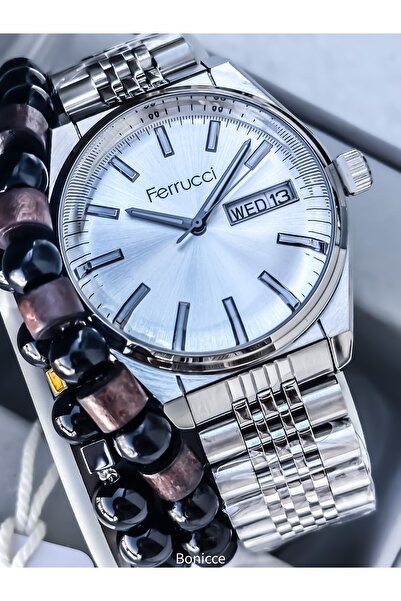 Ferrucci Marka Çelik Kordon Gümüş Sarı Renk Sevgili Kol Saati + Tesbih Bileklik