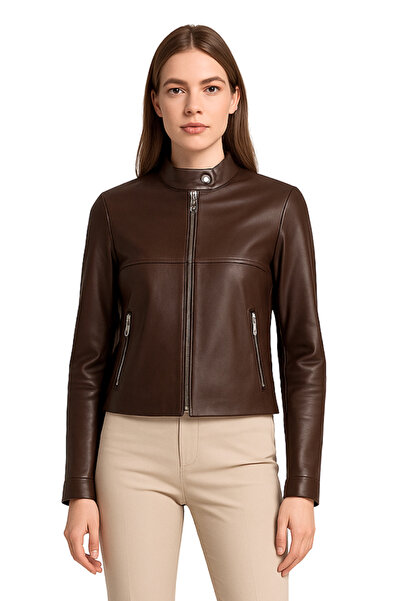 DERİJE معطف فيولا من الجلد الطبيعي للنساء باللون البني الأساسي