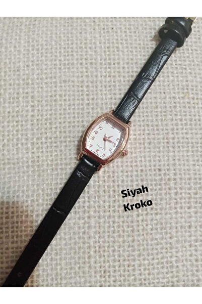 QUARTZ Minimal Vintage Women's Wristwatch Retro Model Black Crocodile Band Bb...