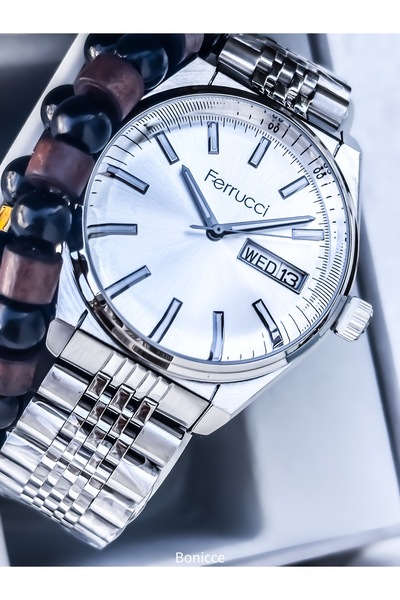Ferrucci Marka Çelik Kordon Gümüş Sarı Renk Sevgili Kol Saati + Tesbih Bileklik