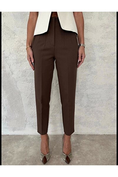 KAROL Brown Flat Front Fabric Trousers