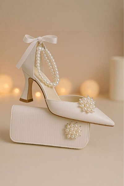 Famels High Heeled Shoes with Pearl Ankle and Bow, Special Evening Dress Shoes, Elegant Design and Matching Bag