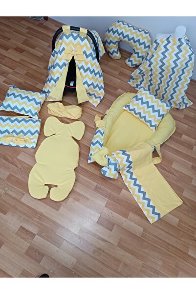SARIYILDIZ BABYNEST Sarı Zikzak Düz Sarı Oval Yataklı 10 Parça Babynest Seti