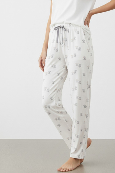 Elemge Women's White Pajama Bottoms Cotton Elastane Elephant Pattern Comfortable Fit with Ribbon Stretchy Soft Textured Pocketless