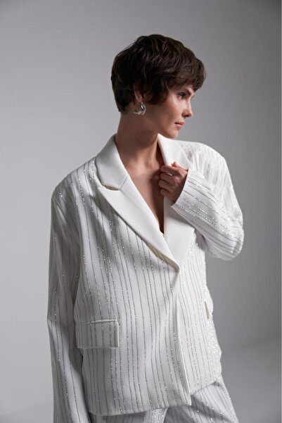 AÈC PRIVÈ Women's Premium Quality Luxury Stylish White Stone Embroidered Jacket Trousers Double Suit 777