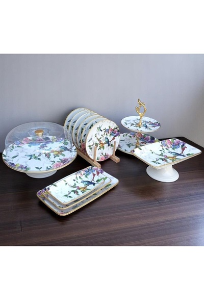 Pinkev 13 Piece 6-Person Bird Patterned Ceramic Cake Presentation Plate Set