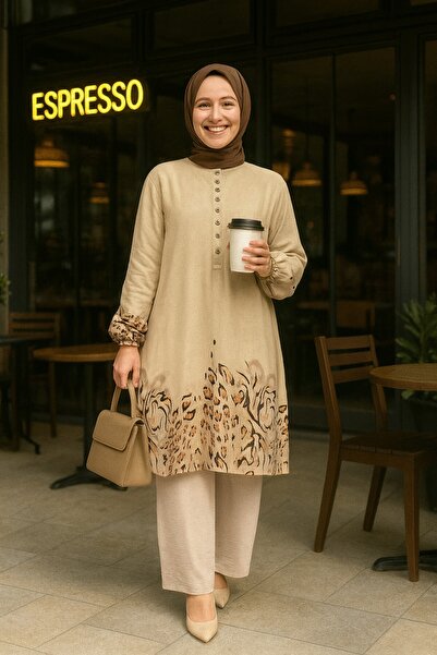 Mercan YONCA TAKIM Tesettür Giyim Viskon Desenli Tunik Pantolon İkili Takım Bej