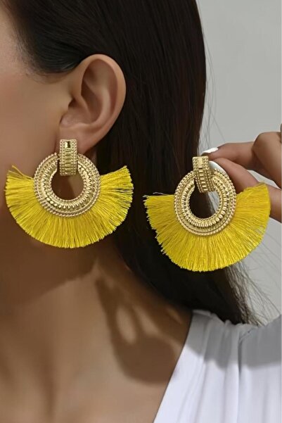 Melissa Boutique Kadın Sarı Gold Detaylı Püsküllü Retro Tasarım Küpe