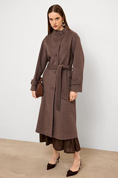 Olcay Μακρύ παλτό με ψηλό γιακά LATTE 3124