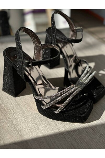 Favi Ayakkabı حذاء فستان سهرة أنيق ذو قالب أسود فضي رقيق مربع الشكل من الحجر ...