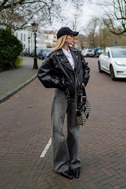 Jaglion Elvera Oversize hosszú női fekete bőrdzseki