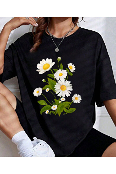 Elvino Papatya Çiçek Baskılı Oversize Kadın Tshirt