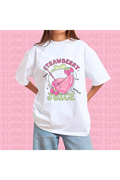 Elvino Унисекс тениска с кръгло деколте и щампа на ягоди и матча, бяла, памуч...