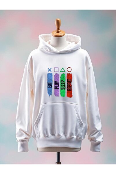 Vordevia سويت شيرت أبيض كبير الحجم مصنوع من القطن بطبعة بلاي ستيشن بثلاث خيوط