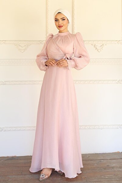 Olcay Yoryo Silk Hijab Evening Dress with Side Tie Cuff Detail Pudra 1241