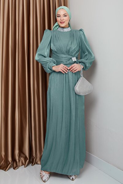 Olcay Βραδινό φόρεμα Yoryo με φιόγκο και πέτο από πέτρα, μεταξωτό τσαλακωμένο φόρεμα SU GREEN 1236