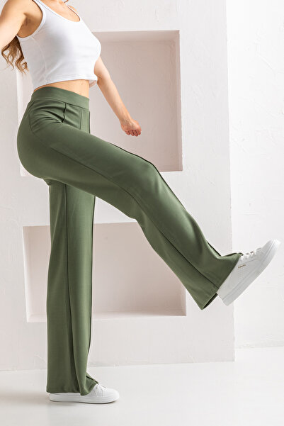 CNRCollection Kadın Haki Yüksek Bel Toparlayıcı Önü Nervürlü Geniş Kalıp Bol Paça Modal Kumaş Tayt Pantolon