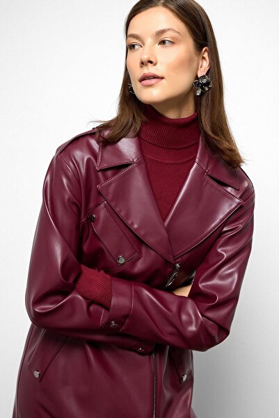 Olcay Low Sleeve Zipper Closure Oversize Leather Trench Coat Bordo 6759