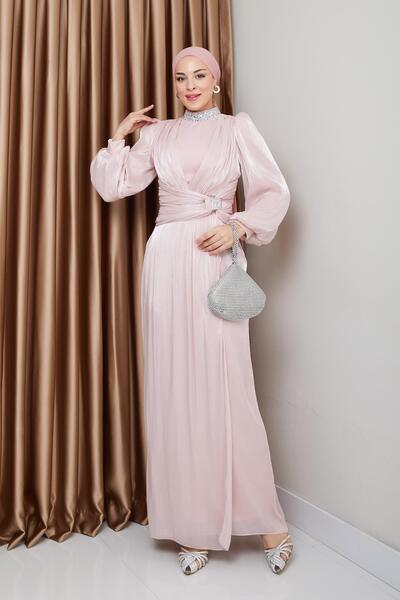 Olcay Πέτρινο Μεταξωτό Μουσουλμανικό Φόρεμα - Φιόγκος και Γιακά Βραδινό Φόρεμα POWDER 1236