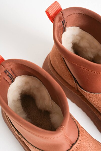 Esilapark kadın streç mini boy kalın taban içi full kürklü orjinal süet luxury bot