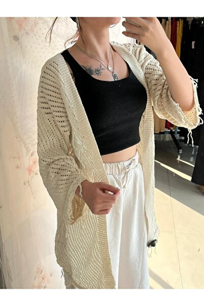 Sublime Butik Kadın Krem Püsküllü Ajurlu Hırka