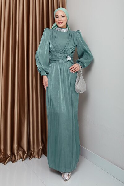 Olcay Βραδινό φόρεμα Yoryo με φιόγκο και πέτο από πέτρα, μεταξωτό τσαλακωμένο φόρεμα SU GREEN 1236