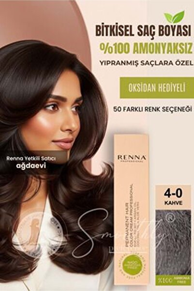 Renna AMONYAKSIZ Bitkisel Yıpranmış Saçlar İçin Saç Boyası 4-0 KAHVE 60ml