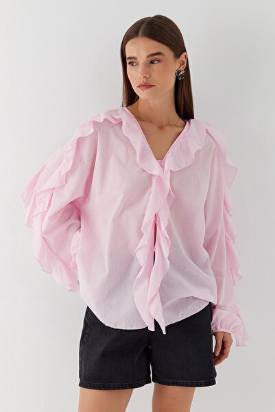 MARKALİSTE Сорочка з рюшами на комірі та рукавах, рожева