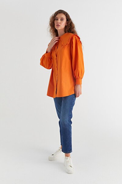 MARKALİSTE Πορτοκαλί πουκάμισο Luna Ruffle γιακά