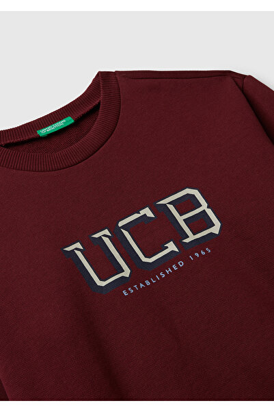 United Colors of Benetton Erkek Çocuk Bordo Önü Logo Baskılı Bisiklet Yaka Regular Fit Sweatshirt