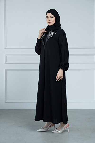 LAVİNİA Lavinia women's abaya with a turn-down collar and embroidered with Al-Fursan fabric