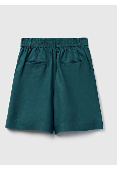 United Colors of Benetton Women's Dark Green 100% Linen Pleated Relax Fit Bermuda Shorts with Elastic Waist at the Back