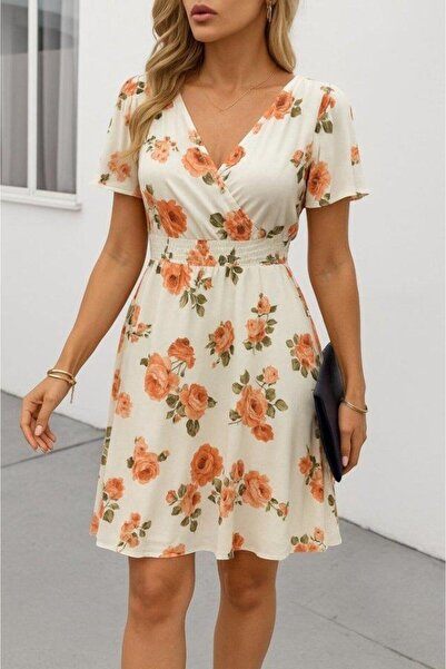 Bijuterria Women's Short Sleeve Double Breasted Collar Print Single Jersey Short Dress