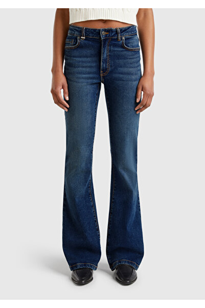 United Colors of Benetton Women's Dark Blue Stretch Cotton Pocket Regular Waist Flared Denim Pants