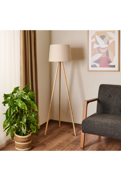 Evidea Lighting Ahşap Ayak Tripod Lambader - Natürel / Beyaz