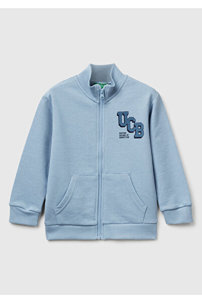 United Colors of Benetton Boy's Blue Sweatshirt with Logo Detail and Front Zipper with Rib Detail
