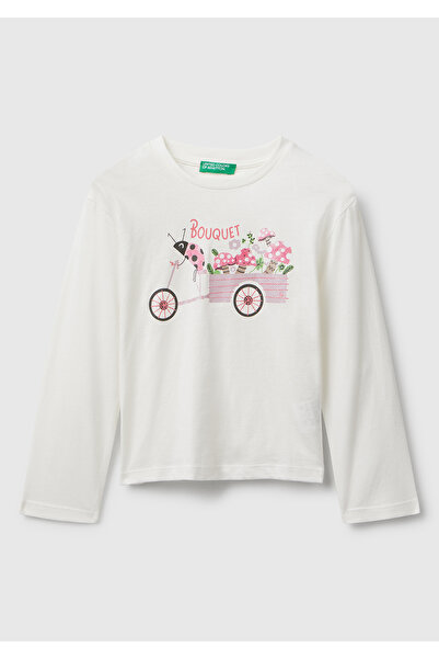 United Colors of Benetton Girl's ecru front glitter printed bicycle collar long sleeve t-shirt
