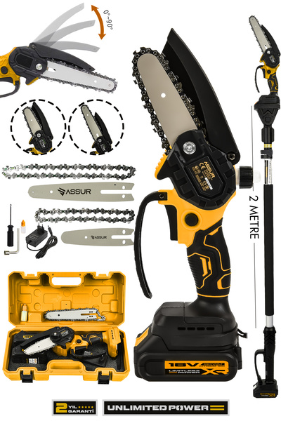 ASSUR 18v Akülü Çift Batarya Çift Pala Ağaç Dal Kesme Budama Testeresi Telesk...