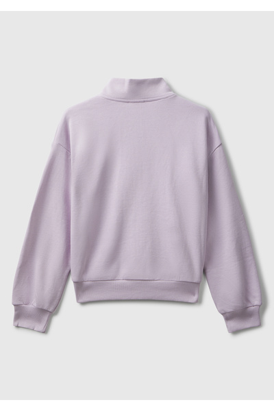 United Colors of Benetton Girl's Lilac Front Logo Embroidered Zippered Stand Collar Sweatshirt with Pockets