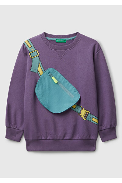 United Colors of Benetton Boy's Purple Crew Neck Relaxed Fit Sweatshirt with Illusion Effect on the Front