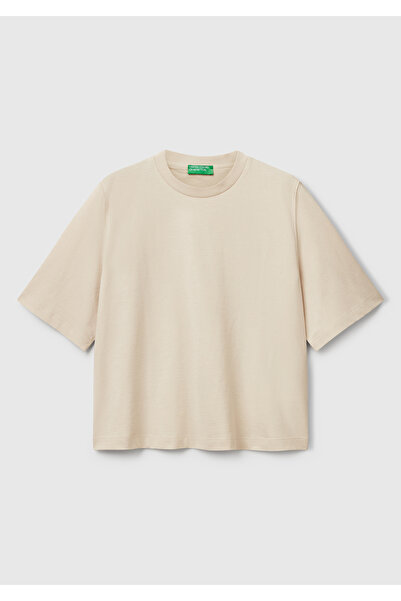 United Colors of Benetton Women's Cream 100% Cotton Boxy Fit T-Shirt
