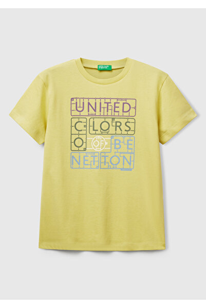 United Colors of Benetton Boy's Mustard Crew Neck T-Shirt with Logo Print on the Front