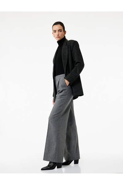 Koton Plain Wide Leg Pleated Fabric Trousers with Pockets