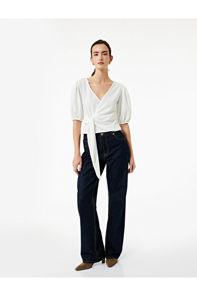 Koton Wrapped Fabric Front Tie Detail Short Balloon Sleeve Double Breasted T-Shirt
