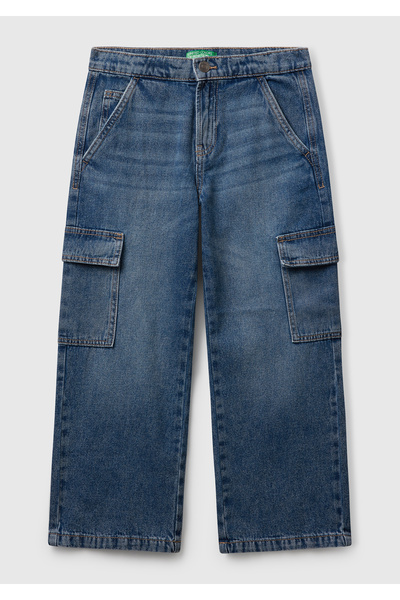 United Colors of Benetton Boy's dark blue back pocket logo pocket elastic waist drawstring denim pants