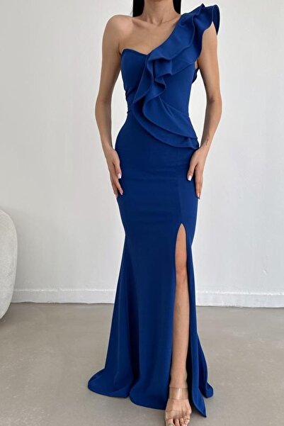 lovebox Довга вечірня сукня на одне плече Saks Синя довга вечірня сукня Saks Синя максі випускна сукня 024