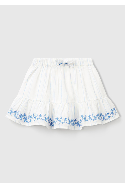 United Colors of Benetton Girls' White Striped Hem Embroidered Gathered Drawstring Skirt