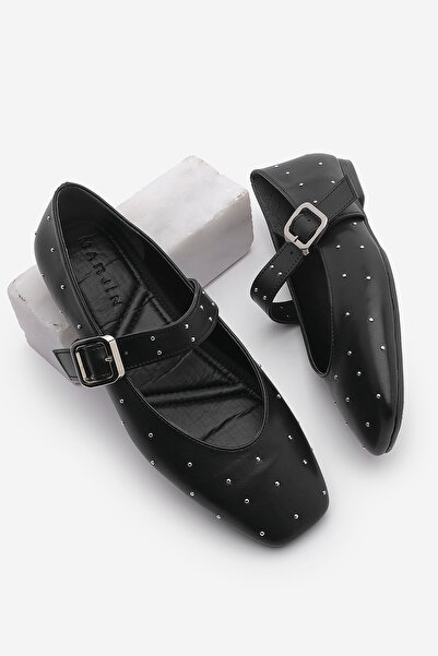 Marjin Kadın Küt Burun Tokalı Zımbalı Babet Velona Siyah