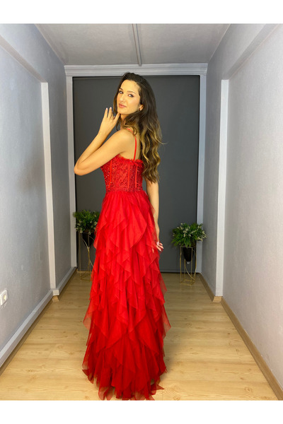 gökkuşagı moda Kırmızı Bel Güpür Transparan Detaylı  Etek Kat Kat Uzun Abiye