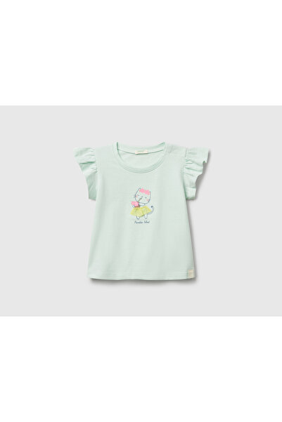 United Colors of Benetton Baby Water Green Logo Label Sleeve Ruffle Detailed Crew Neck T-Shirt